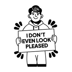 A glyph sticker of not interested man with sarcastic typography written on a board  