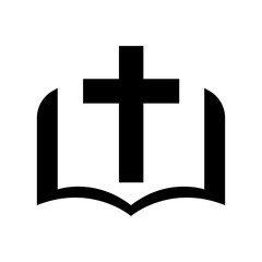 Religion icon. Simple black and white icon of christian cross standing on open bible. Vector illustration