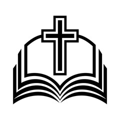Religion icon. Simple black and white icon of christian cross standing on open bible. Vector illustration
