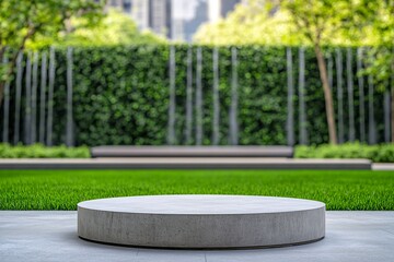 Obraz premium Urban Park Platform Scene: Circular Stage Overlooking Greenery and Cityscape Photography