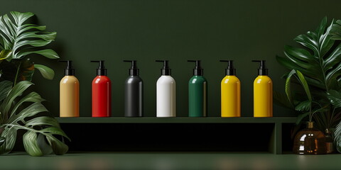 A visually appealing scene showcasing customizable pump bottles for soap or shampoo in bold colors with lush green leaves.