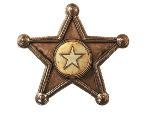 Vintage sheriff badge with star design, symbolizing law enforcement and authority. badge features weathered look, adding to its historical charm