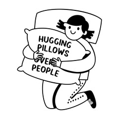 A glyph sticker of a character hugging pillow with sarcastic typography 
