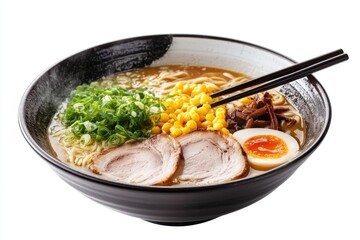 A delicious bowl of ramen with toppings including sliced pork, soft boiled egg, green onions, and corn, served with chopsticks.