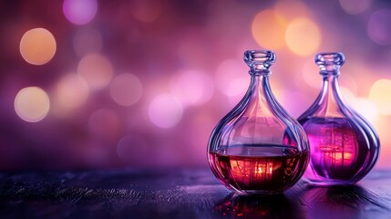 Glass potion bottles glowing in soft purple bokeh lighting