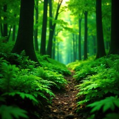 Obraz premium Fern-filled forest floor with ferns and leaves, botanical, dense