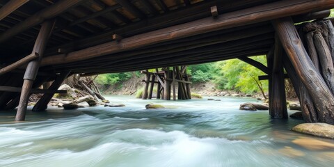 Fototapeta premium River flowing under a ancient wooden bridge, water features, misty atmosphere, rustic architecture