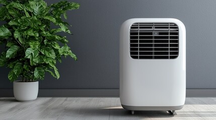 A portable air conditioner beside a potted plant in a modern indoor setting.