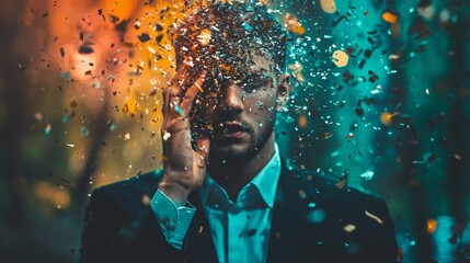 Man surrounded by glowing particles in a moody setting