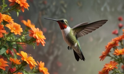 Fototapeta premium Ruby Throated Hummingbird in flight near a patch of orange flowers with red center, wildlife, orange, flight