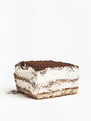 A delicious slice of tiramisu with layers of coffee-soaked ladyfingers and creamy mascarpone topped with cocoa powder.