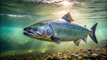 Fototapeta premium Salmon swimming near the surface of the water with a thin layer of slime on its body, fish in water, slimy fish