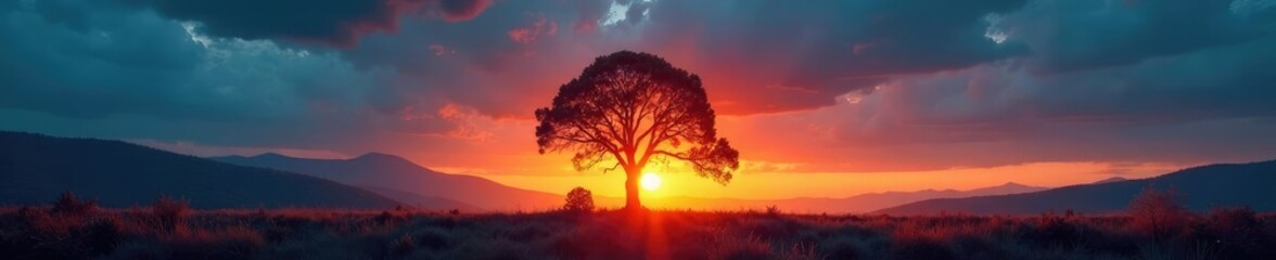 Fototapeta premium Flames engulfing a tree against a clear blue sky at sunset, landscape, flames, forest