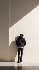 A solitary figure leans against a wall, showcasing a moment of introspection and detachment with soft, natural lighting highlighting the surroundings. 