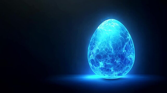 Futuristic neon glowing blue egg on dark background with copy space. Digital futuristic technology and innovation concept for celebrating Easter and tech event