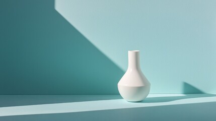 Minimalist white vase casting shadows on a blue wall