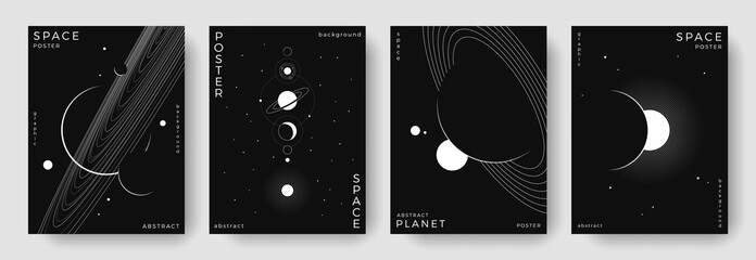 Set of abstract space astronomy backgrounds. Line art galaxy, universe, planet, solar system. Science future concept. Cosmic minimalist design for cover, poster, layout, banner, flyer, brochure © Anastasiya Stoma