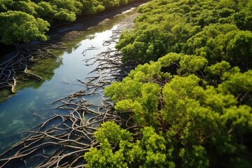 Obraz premium Vibrant Mangrove Forest with Lush Greenery and Tranquil Waterway Captured in Natural Light