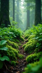 Obraz premium Forest floor covered in a thick layer of moss and ferns, humid, atmosphere, wet