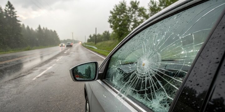 Large hailstones shatter a car window on a stormy road, heavy hail, shattered glass, road conditions
