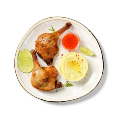 Freshly roasted duck legs confit served with potato puree and lime slices. isolated on white background,	top view	