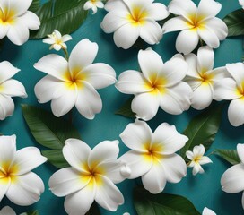 Naklejka premium Large white plumeria flowers on a textured teal background, tropical, large, aesthetic