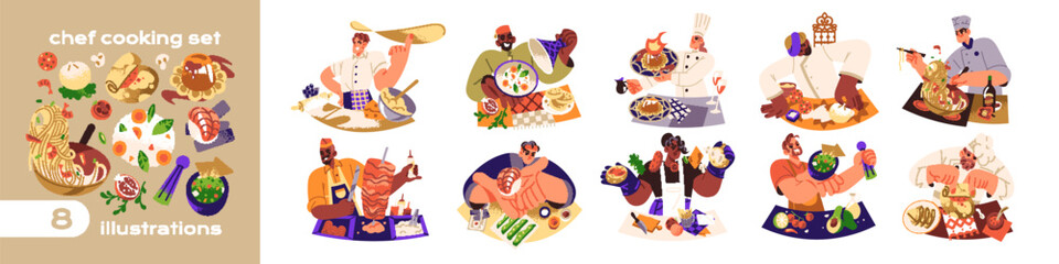Chefs cooking set. Restaurants with cuisine of different countries. People in uniform cook food, meals at kitchen. Culinary, preparing of eating. Flat isolated vector illustrations on white background