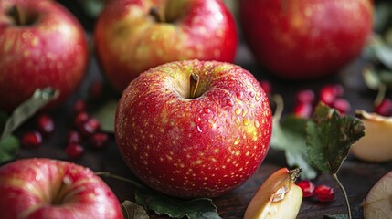 Fresh red apples with green leaves on a rustic background