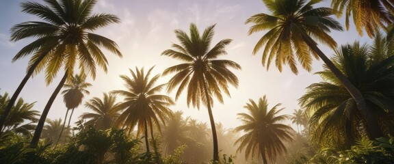 Fototapeta premium Leaves and fronds of palm trees whip wildly through the air, wind-swept landscape, palm tree motion, outdoor drama