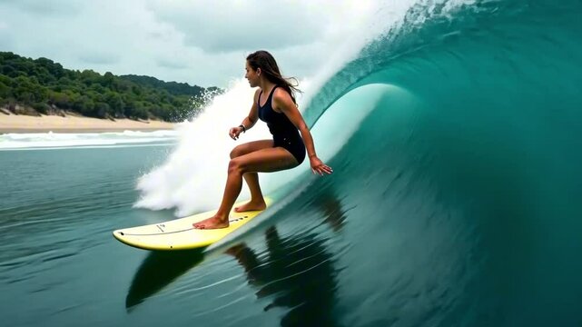 Surf girl in black one-piece swimsuit gliding on the wave on the background of the island