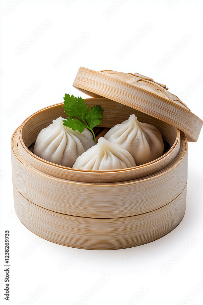 Wall mural Floating steamed dumplings with dipping sauce, isolated on white background.