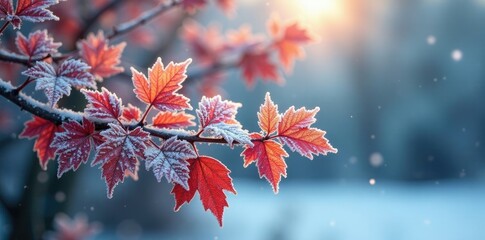 Frosty branches etched in delicate silver hues against a kaleidoscope of autumn leaves, icy landscape, winter scene
