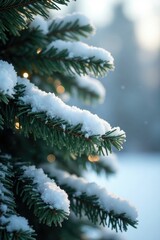 Frosty branches adorn a snow-covered evergreen tree, coniferous, greenery, festive