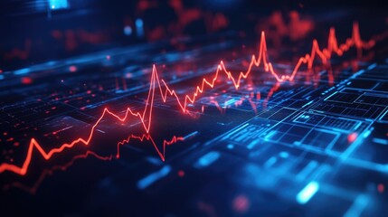 Fototapeta premium A pulse-like red heartbeat wave stretching across a futuristic dark blue medical interface.