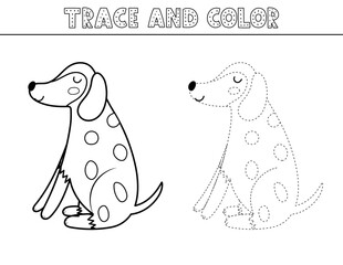Trace and color game in outline for kids with a cute dog. Black and white activity page with a funny canine character. Great for coloring book. Vector illustration