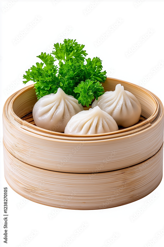 Wall mural Floating steamed dumplings with dipping sauce, isolated on white background.