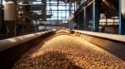 Grain processing in an industrial facility with sunlight streaming in