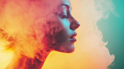 Profile of a woman with vibrant orange and pink smoke effects