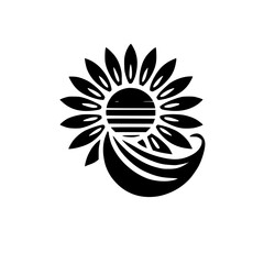 Black and White Sunflower with Sunset and Waves: Summer Beach Nature Design. Minimalist Floral Art, Graphic Symbol, Vintage Retro Logo
