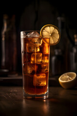 Refreshing blend of iced tea with lemon in an atmospheric setting featuring deep shadows and warm tones. Generative AI