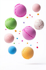 Fototapeta premium Floating scoops of sorbet ice cream in bright colors, isolated on white background.