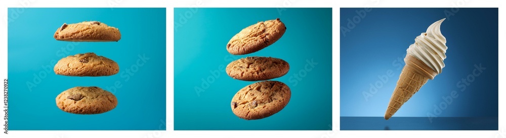 Poster A vibrant image showcases three stacks of cookies and a soft-serve ice cream cone against contrasting blue backgrounds.  Sweet treats, delicious, and refreshing.
