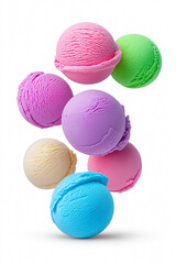 Floating scoops of sorbet ice cream in bright colors, isolated on white background.