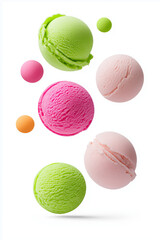 Floating scoops of sorbet ice cream in bright colors, isolated on white background.