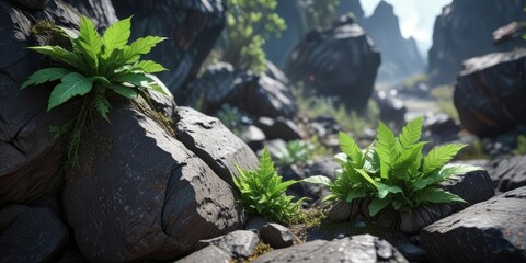 Lush green shoot bursting from cracked volcanic stone, volcanic eruption, natural phenomenon