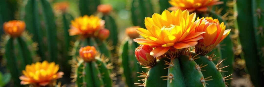 Lush Lobivia cactus with bright orange blooms and green leaves, garden, botanical, cactus