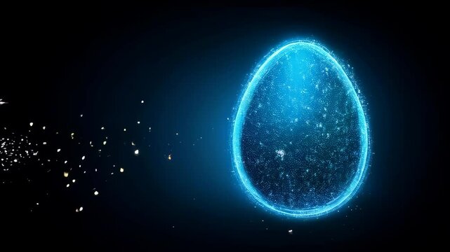 Futuristic neon glowing blue egg on dark background with copy space. Digital futuristic technology and innovation concept for celebrating Easter and tech event