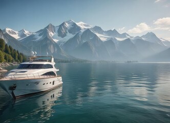 Luxury yacht moored on Lake Leman with Mont Blanc visible in the distance, marina, luxury, yacht