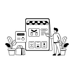 A vibrant glyph illustration of a person doing shopping from an online store 