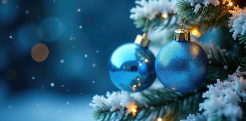Obraz premium Sparkling blue and white ornaments on a frosted Christmas tree, holiday, blue